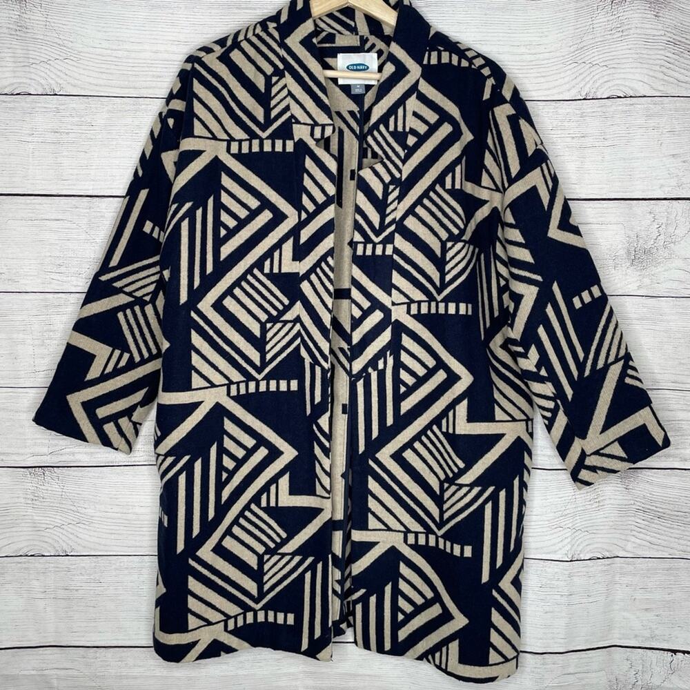 Old Navy Blue & Tan Geometric Print Long Sleeve Coat M